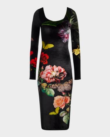 Alice + Olivia In The Wind Floral Delora Scoop-Neck Velvet Midi Dress