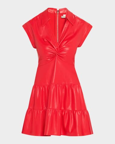 Alice + Olivia Mila Vegan Leather Deep V Twist-Front Mini Dress