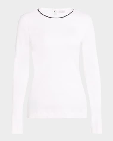 Brunello Cucinelli Contrast Monili Neck Cotton Stretch Rib Top