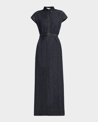 Brunello Cucinelli Cap-Sleeve Belted Indigo Midi Shirtdress