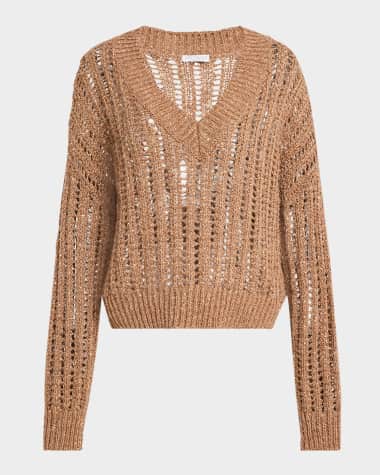 Brunello Cucinelli V-Neck Paillette Open-Weave Knit Sweater
