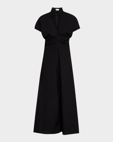 Brunello Cucinelli Shirred-Waist Cap-Sleeve Cotton Poplin Maxi Shirtdress With Monili Trim