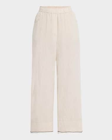 Brunello Cucinelli Monili-Trim Linen Wide-Leg Crop Pull-On Pants