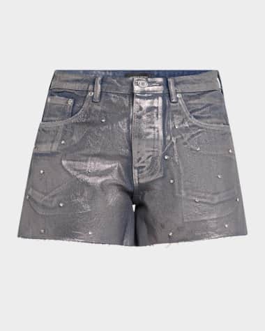 PURPLE Foiled Denim Cut-Off Shorts with Rhinestones