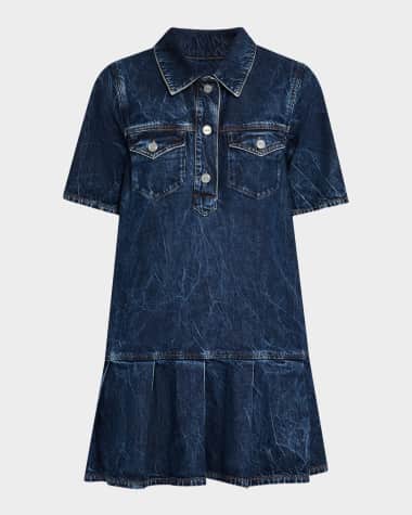Ganni Short-Sleeve Crinkled Denim Mini Dress