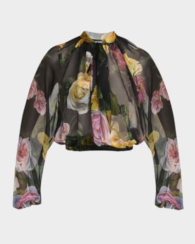 Dolce&Gabbana Rose Tie-Neck Chiffon Cropped Blouse