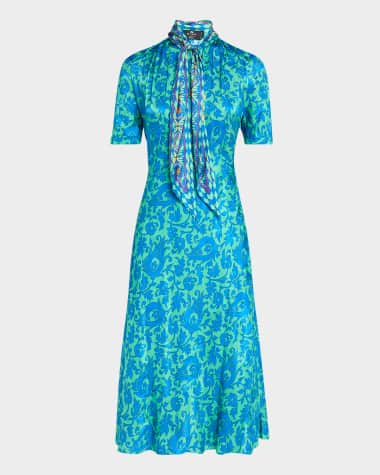 Etro Tile-Print Neck-Tie Silk Midi Dress