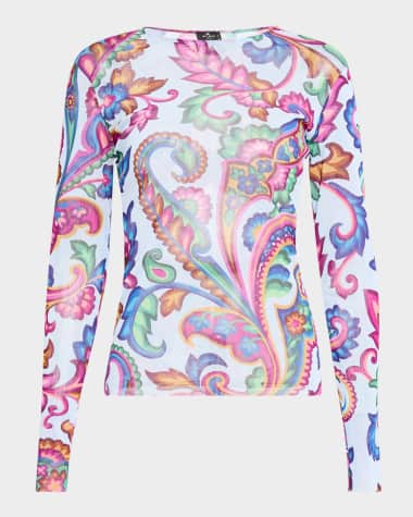 Etro Garden Paisley Mesh Long-Sleeve Top