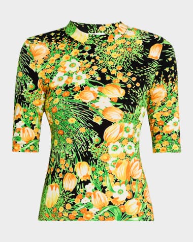 Rosetta Getty Garden Floral-Print Cropped Sleeve T- Shirt