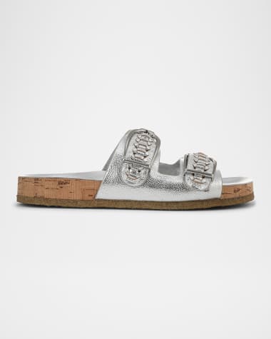 Veronica Beard Paige Metallic Dual-Buckle Slide Sandals
