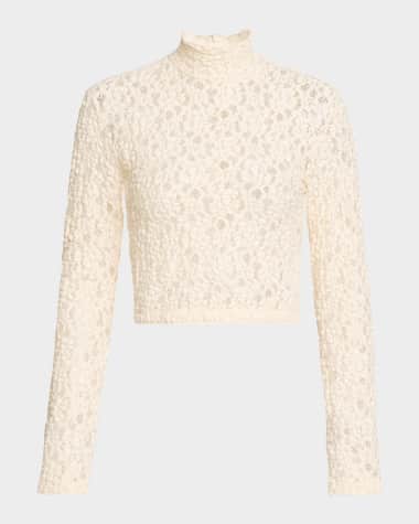 Enza Costa Puckered Lace Long-Sleeve Crop Top