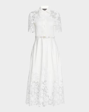 Monique Lhuillier Lace-Inset Short-Sleeve Cotton Midi Shirtdress