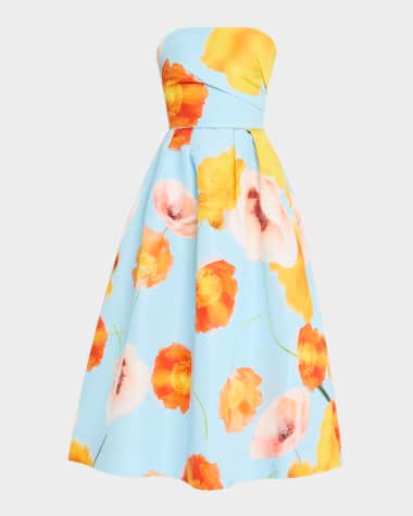 Monique Lhuillier Floating Poppy-Print Strapless Tea-Length Dress