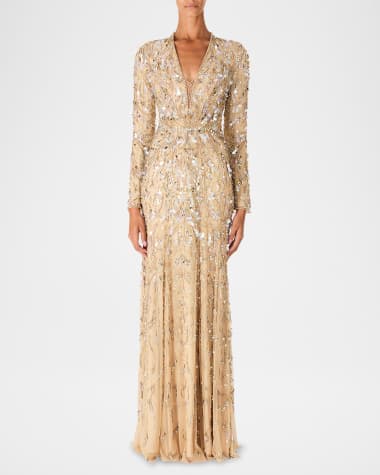 Jenny Packham Kaia Embellished Long-Sleeve Plunging Illusion Gown