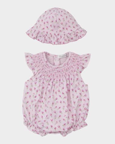 Kissy Kissy Girl's Tulip Blossoms Smocked Bubble Romper W/ Sunhat, Size Newborn-9M