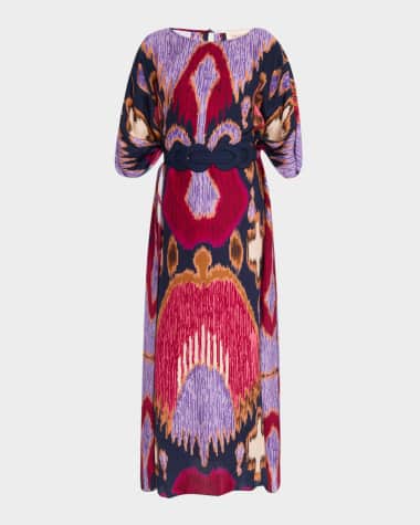 Figue Elizabeth Ikat-Print Belted Maxi Kaftan Dress