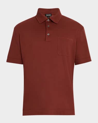 ZEGNA Men's Cotton Polo Shirt with Leather-Trim Pocket