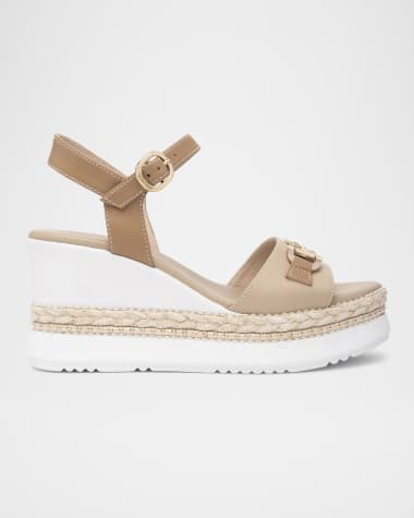 NeroGiardini Leather Horsebit Roped Platform Wedge Sandals
