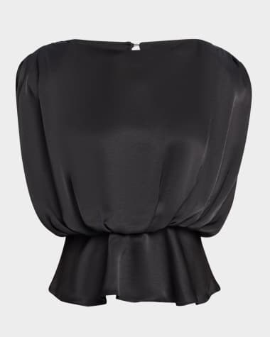 Toccin Saylor Strong-Shoulder Silky Satin Blouse