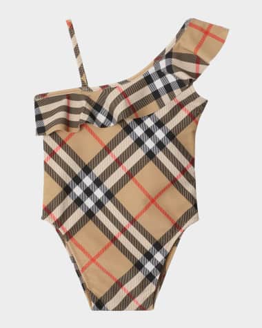 Burberry Girl's Fern Ruffled One-Shoulder Check One-Piece Swimsuit, Size 6M-2