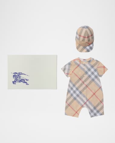Burberry Boy's Lennie Romper and Hat Set, Size 1M-9M