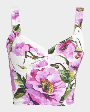Dolce&Gabbana Peony-Print Cotton Popeline Crop Bustier Top