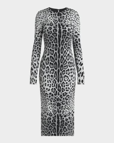 Dolce&Gabbana Leopard-Print Long-Sleeve Charmeuse Midi Dress