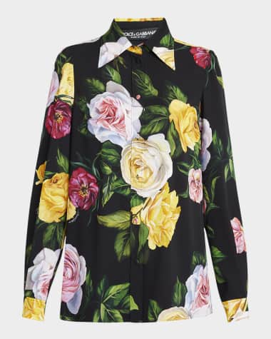 Dolce&Gabbana Peony Rose-Print Charmeuse Button-Down Shirt