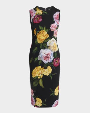 Dolce&Gabbana Peony Rose Print Sleeveless Charmeuse Midi Dress