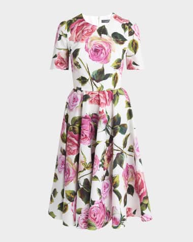 Dolce&Gabbana Rose-Print Short-Sleeve Fit-&-Flare Midi Dress