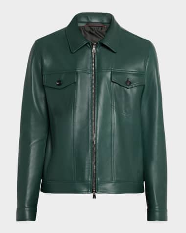 Isaia Men's Full-Zip Lambskin Trucker Jacket