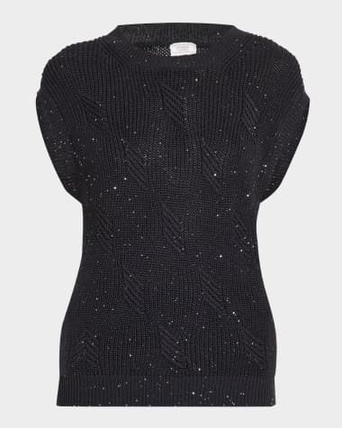 Peserico Cap-Sleeve Ribbed Sequin Sweater