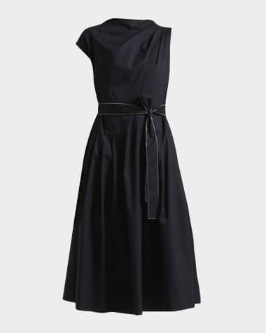Peserico Asymmetric Pleated Funnel-Neck Midi Dress