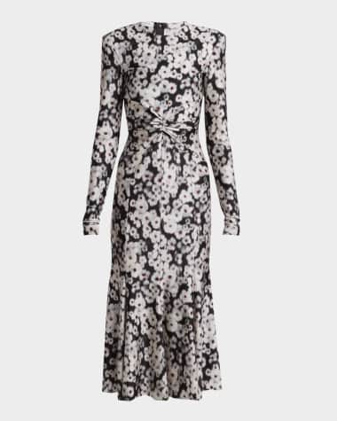 Philosophy di Lorenzo Serafini Floral-Print Strong-Shoulder Long-Sleeve Midi Dress
