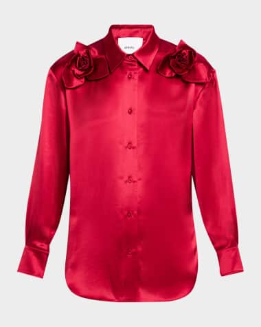 AKNVAS Flor Satin Button-Front Blouse with Roses