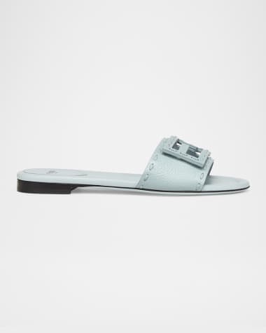 Fendi FF Leather Buckle Flat Slide Sandals