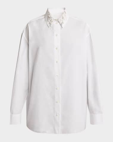 Givenchy Beaded Pearly Collar Button Down Cotton Blouse