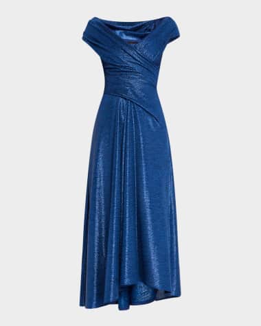 Talbot Runhof Reo Off-The-Shoulder Draped Metallic Midi Dress