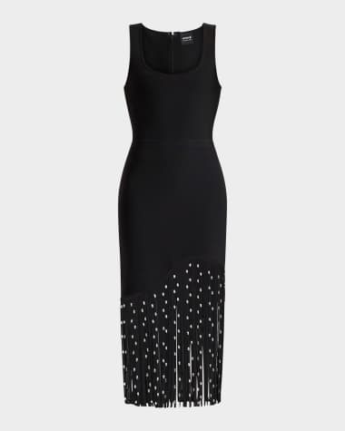 Herve Leger Regan Crystal Fringe Sleeveless Midi Dress