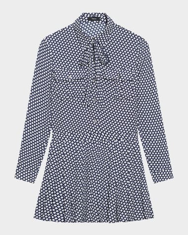 Theory Diamond Printed Pleated Neck-Tie Mini Dress