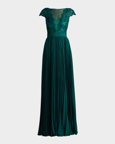 Tadashi Shoji Pleated Chiffon & Sequin Lace Gown