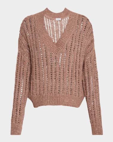 Brunello Cucinelli Paillette Open Work Ribbed V-Neck Sweater