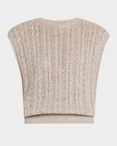 Brunello Cucinelli Linen Paillette Cable-Knit Sleeveless Sweater