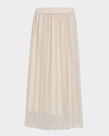 Brunello Cucinelli Crispy Silk Chiffon Pleated Midi Skirt