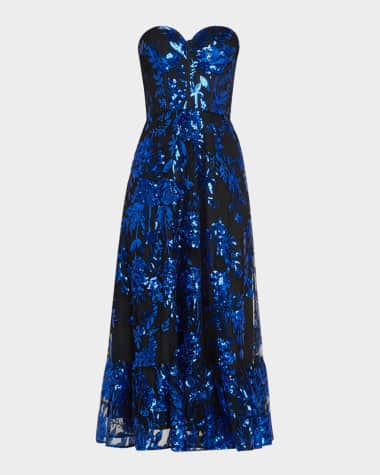 Dress the Population Black Label Carina Floral Sequin Sweetheart Midi Dress