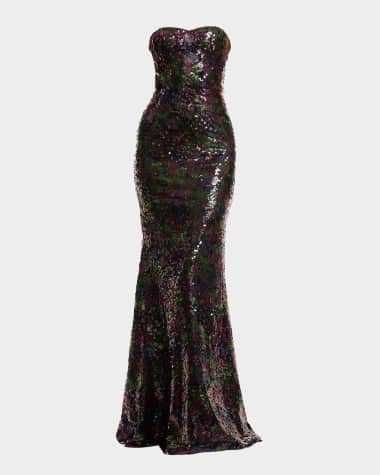 Dress the Population Black Label Sheridan Floral-Print Sequin Sweetheart Gown