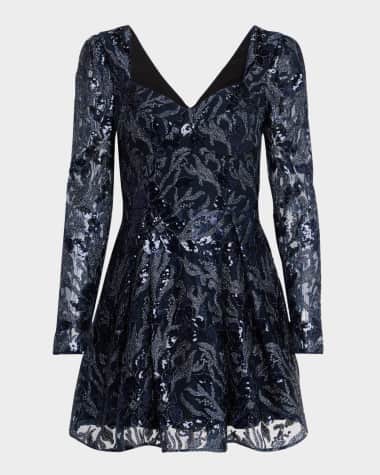 Dress the Population Black Label Dora Pleated Sequin Floral Applique Mini Dress