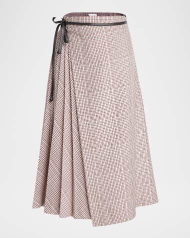 Bottega Veneta Check Pleated Midi Wrap Skirt