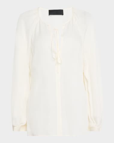 Nili Lotan Acadia Tie-Neck Sheer Silk Peasant Blouse