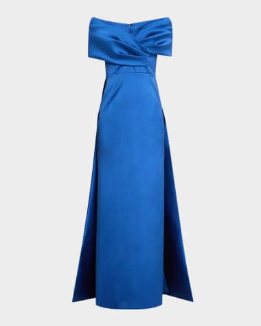 Rickie Freeman for Teri Jon Off-Shoulder Gazar Cape Gown